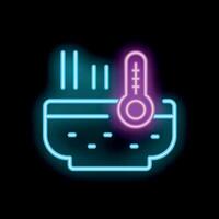Neon icon of hot water bowl with thermometer showing steaming temperature vector