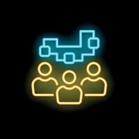 Neon icon of three people collaborating under connected squares symbolizing a network vector