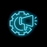 Neon icon of a megaphone in front of a gear representing marketing automation vector