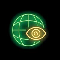 Neon icon of eye watching over globe for global surveillance vector