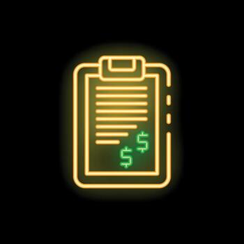 Neon icon of a clipboard with a checklist and dollar signs, representing a financial report vector