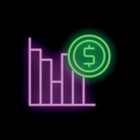 Neon sign depicting declining bar graph with dollar sign coin vector