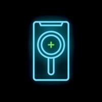 Neon magnifying glass symbol over smartphone screen displaying add new file icon vector