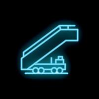 Blue neon icon of passenger boarding bridge connecting airport with airplane on black background vector
