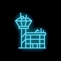 Glowing neon icon of airport control tower and terminal building on black background vector