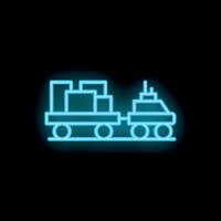 Neon blue self driving vehicle transporting cargo on rails icon vector
