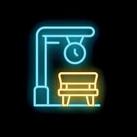 Neon sign showing bench with clock for waiting transport at night vector