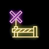 Neon railroad crossing sign indicating danger with glowing barrier on black background vector
