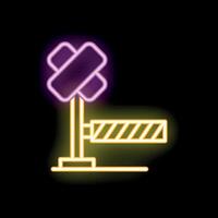 Neon icon of railroad crossing sign with closed barrier at night glowing in purple and yellow vector