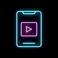 Neon smartphone showing play button on black background vector