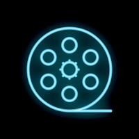 Blue neon sign of film reel glowing on black background vector
