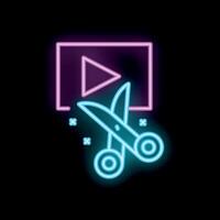 Neon scissors cutting editing icon representing content creation vector