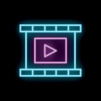 Neon sign depicting movie film with play button on black background vector