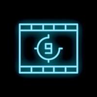 Neon blue film countdown showing number nine inside frame on black background vector