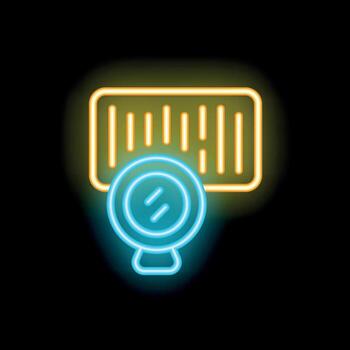 Neon icon of a magnifying glass examining a barcode representing product authentication vector