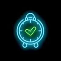 Neon alarm clock showing check mark on black background vector