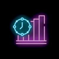 Neon clock icon showing increasing bar chart over time vector