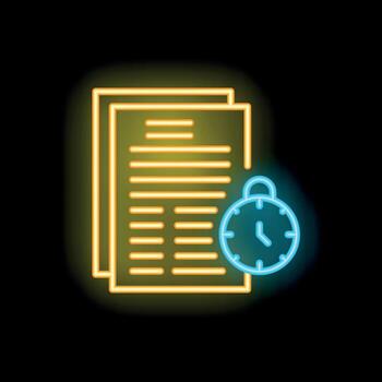 Neon icon of clock showing time limit for finishing documents vector