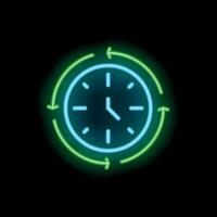 Neon clock showing time passing with green arrows on black background vector