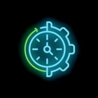 Neon sign representing time management with clock and gear vector