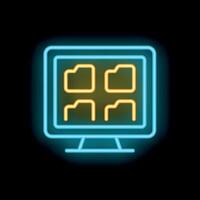 Neon computer monitor displaying four folders for data storage vector