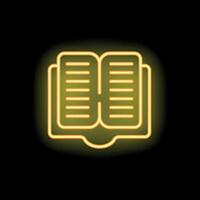 Bright yellow neon open book sign on black background vector