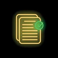 Neon icon of documents with green check mark on black background vector