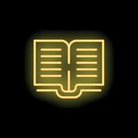 Yellow neon open book icon glowing on black background vector