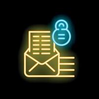 Neon icon of open envelope with document and padlock showing online security concept vector