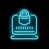 Neon cyber security icon with laptop and padlock protecting user data vector