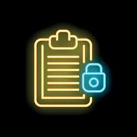 Neon padlock protecting documents on clipboard vector
