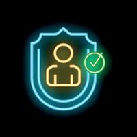 Neon icon of shield protecting user with check mark symbol for security vector