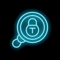 Magnifying glass examining a padlock with a keyhole in neon light vector