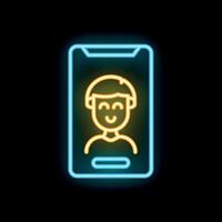 Neon sign representing call with happy person on smartphone vector