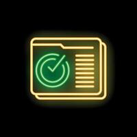 Neon green validated document folder icon glowing on black background vector