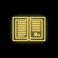 Neon sign of open book with signature on black background vector