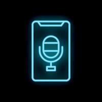 Neon blue smartphone showing microphone icon on black background vector
