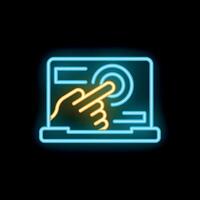 Neon icon of hand pressing button on laptop screen vector