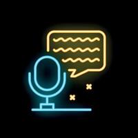 Neon microphone recording audio message with sound waves displayed on speech bubble vector