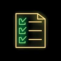 Glowing neon line clipboard with checklist icon isolated on black background vector