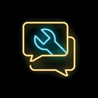 Neon wrench icon glowing inside speech bubble on black background vector
