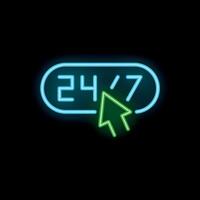 Neon twenty four seven 24 7 availability sign with mouse clicking vector