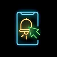 Neon icon of smartphone showing notification bell and mouse cursor clicking vector