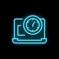 Neon icon of clock showing working time on laptop screen vector