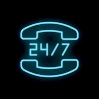 Neon telephone sign showing 247 availability on black background vector