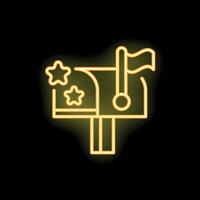 Neon mailbox icon with raised flag and stars glowing on black background vector