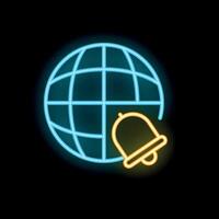 Neon icon of a bell ringing over a world grid representing global notification vector