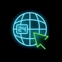 Neon icon of mouse cursor clicking on world globe with 24 hours sign vector