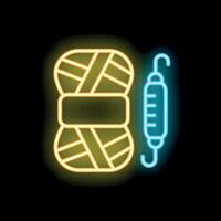 Glowing neon line yarn icon isolated on black background representing a label for hand made, knitting or tailor vector
