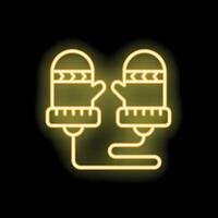 Neon sign of winter knitted mittens on string glowing brightly vector